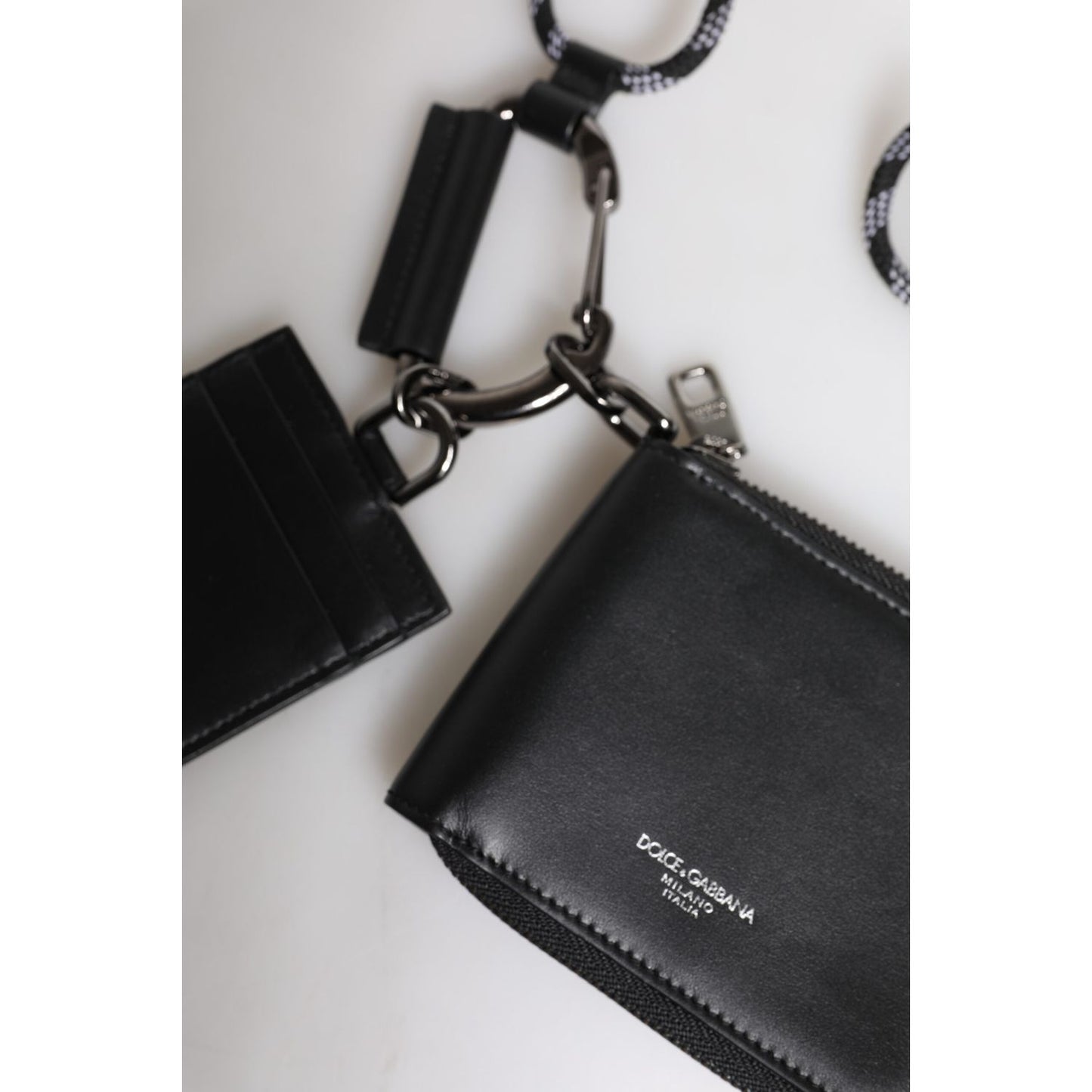 Dolce & Gabbana Black Leather Lanyard Zip Around Card Holder Wallet