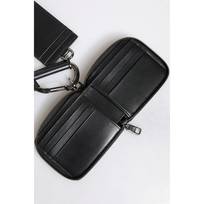 Dolce & Gabbana Black Leather Lanyard Zip Around Card Holder Wallet