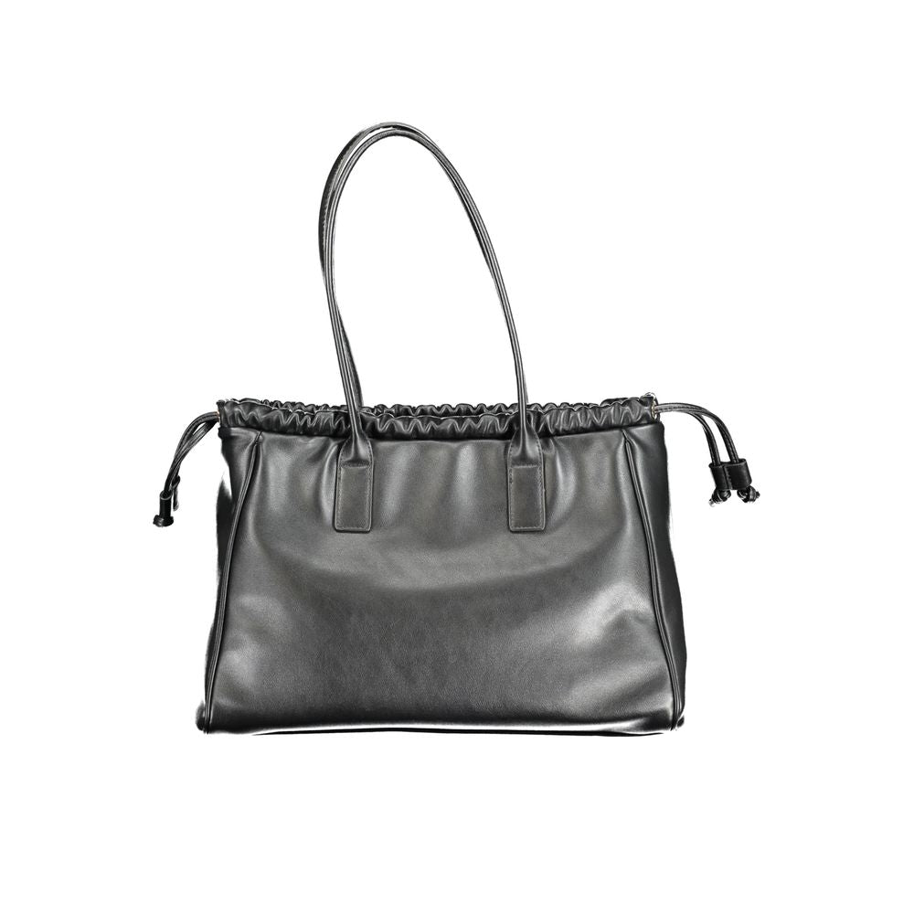 Mario Valentino Black Polyethylene Handbag with shoulder handles, internal pocket, phone holder, zip and drawstring closure, logo.