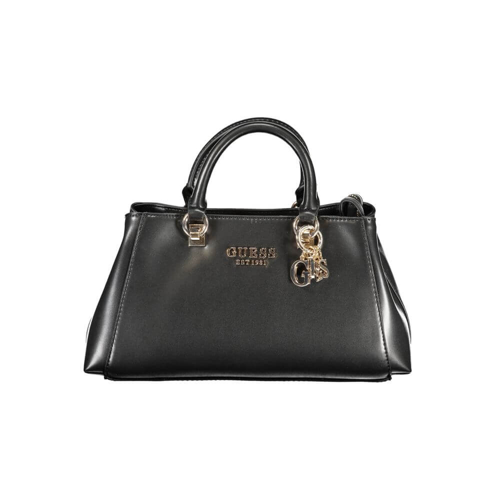 Guess Jeans Black Polyethylene Handbag with two handles, adjustable strap, multiple pockets, contrasting details, and logo.