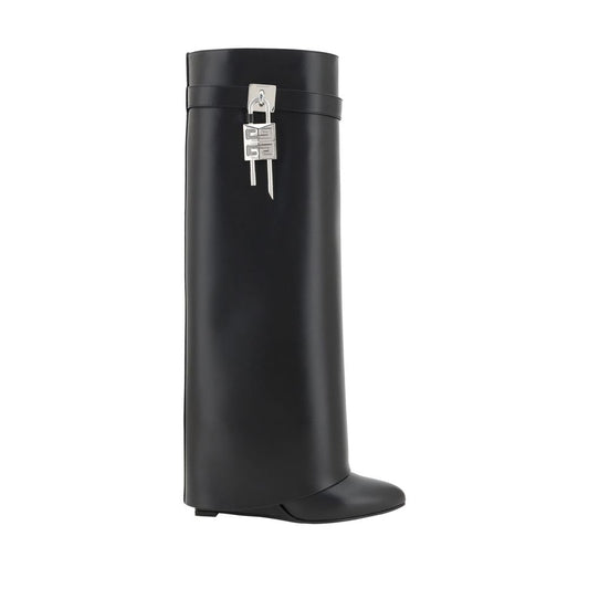 Givenchy Black Calf Leather Bos Taurus Boots with almond toe, shark lock detail, and wedge heel for a bold look.