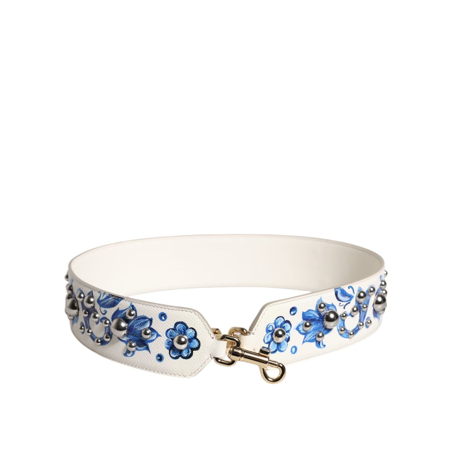 Dolce & Gabbana White Blue Floral Leather Stud Shoulder Strap