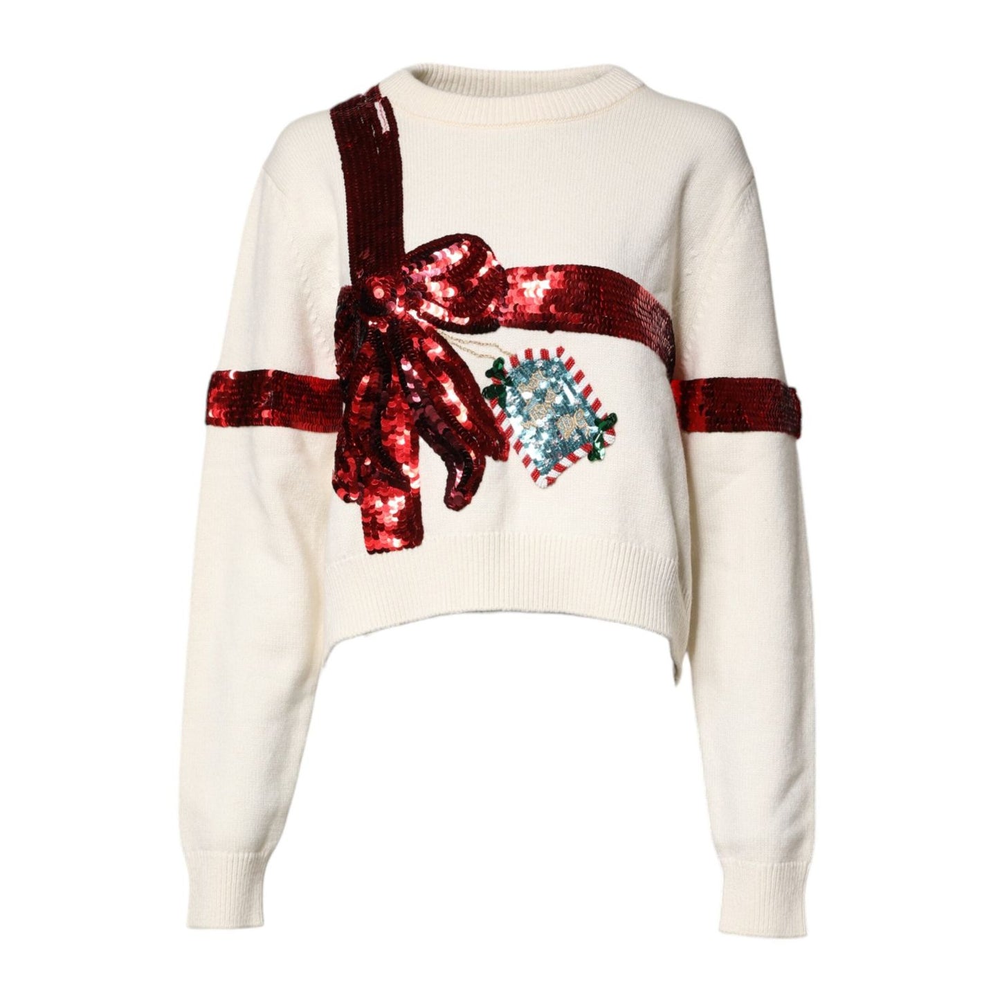 Dolce & Gabbana White Sequined Crew Neck Pullover Sweater Dolce & Gabbana