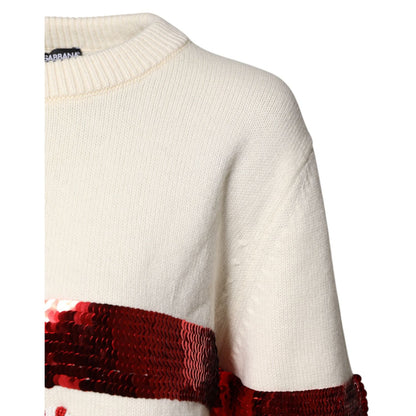 Dolce & Gabbana White Sequined Crew Neck Pullover Sweater Dolce & Gabbana