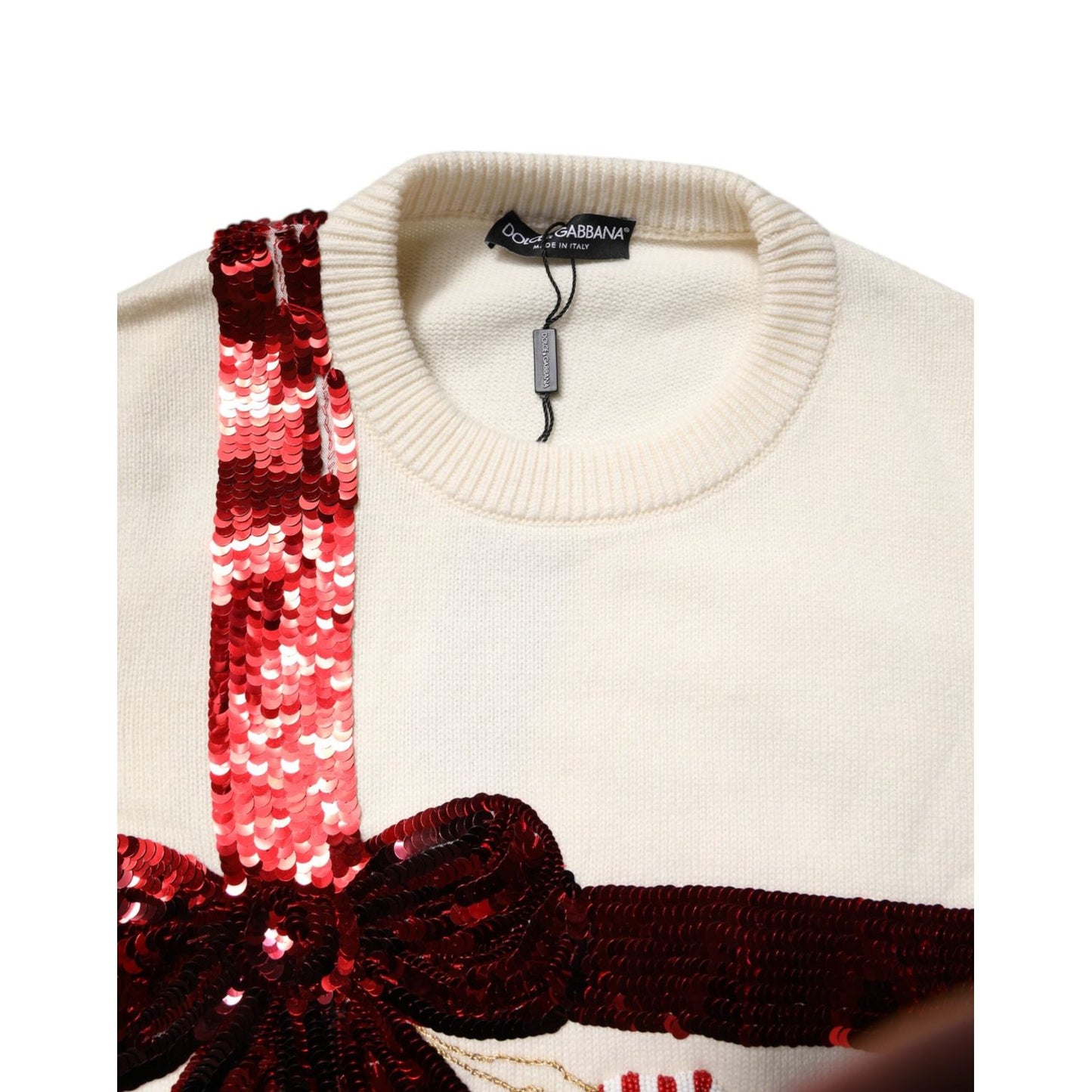 Dolce & Gabbana White Sequined Crew Neck Pullover Sweater Dolce & Gabbana