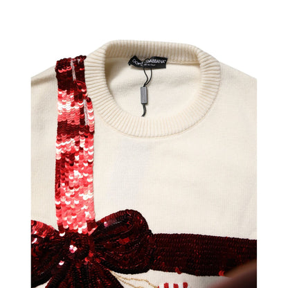 Dolce & Gabbana White Sequined Crew Neck Pullover Sweater Dolce & Gabbana