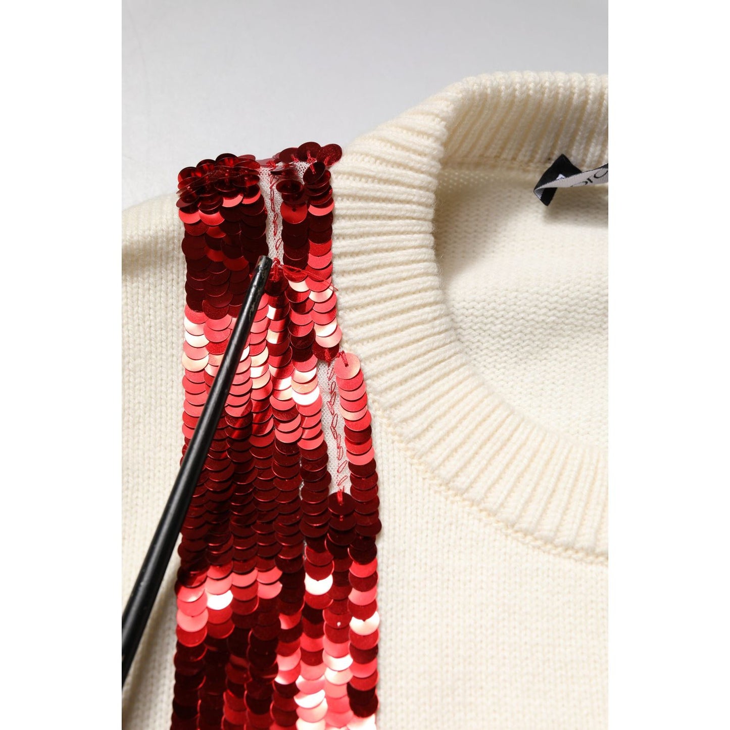 Dolce & Gabbana White Sequined Crew Neck Pullover Sweater Dolce & Gabbana