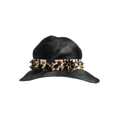 Dolce & Gabbana Black Straw Crystal Embellished Wide Brim Hat Dolce & Gabbana