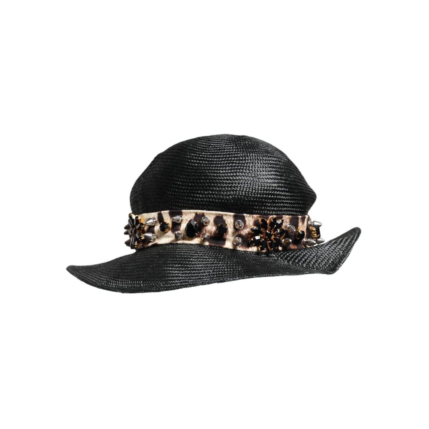 Dolce & Gabbana Black Straw Crystal Embellished Wide Brim Hat Dolce & Gabbana