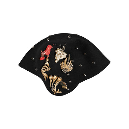 Dolce & Gabbana Black Wool Multicolor Embellished Cloche Hat Dolce & Gabbana