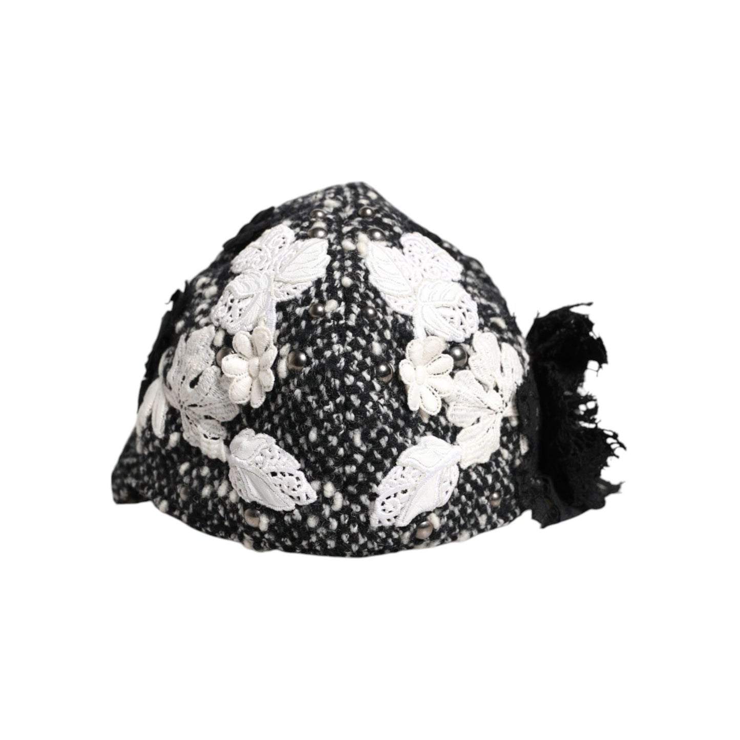 Dolce & Gabbana Black Wool White Floral Embellished Cloche Hat Dolce & Gabbana