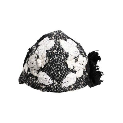 Dolce & Gabbana Black Wool White Floral Embellished Cloche Hat Dolce & Gabbana