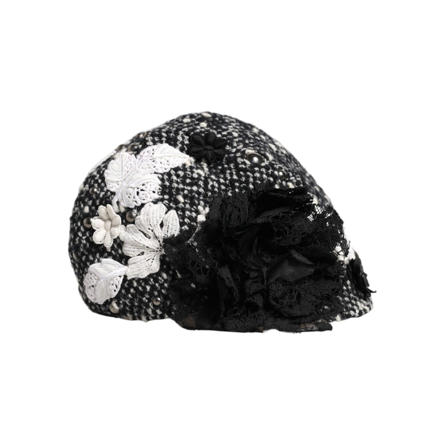 Dolce & Gabbana Black Wool White Floral Embellished Cloche Hat Dolce & Gabbana
