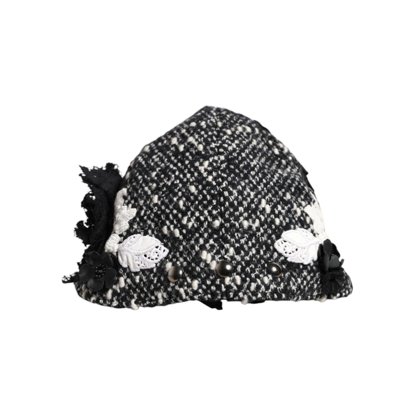 Dolce & Gabbana Black Wool White Floral Embellished Cloche Hat Dolce & Gabbana