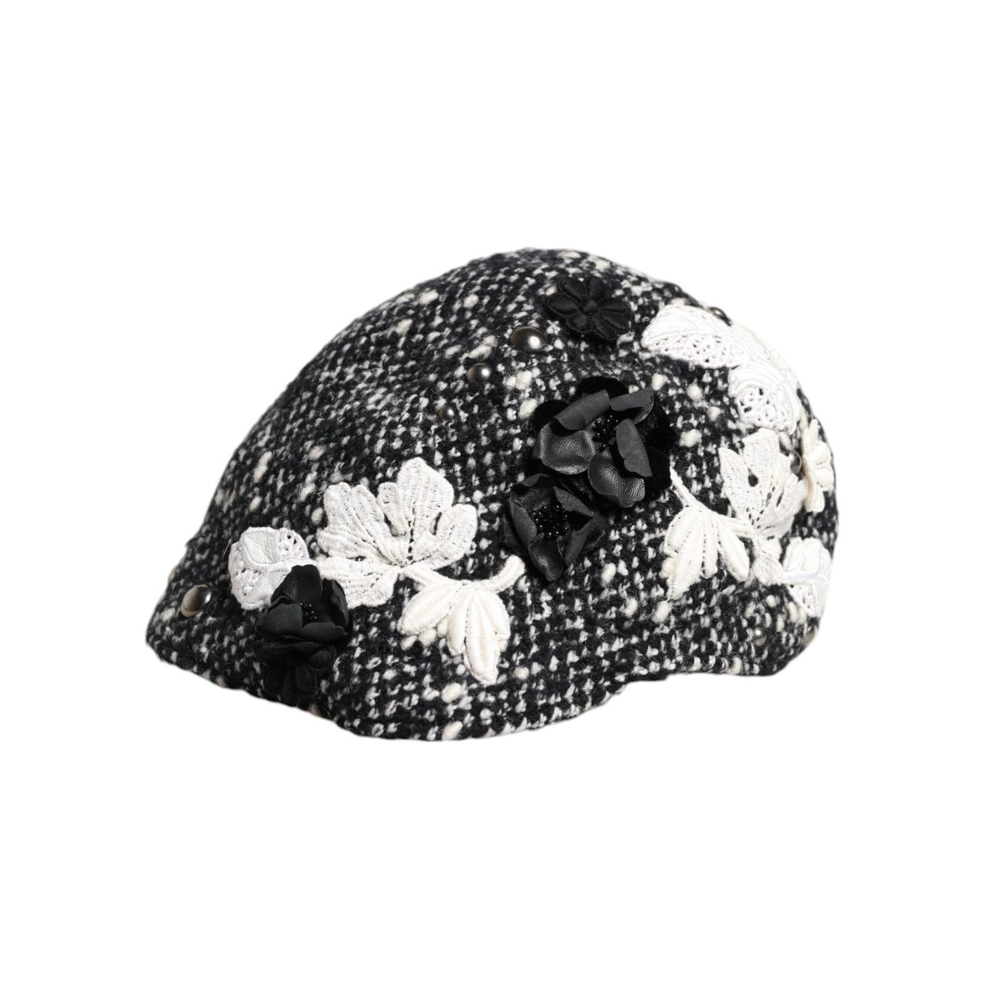 Dolce & Gabbana Black Wool White Floral Embellished Cloche Hat Dolce & Gabbana