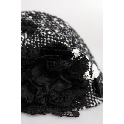 Dolce & Gabbana Black Wool White Floral Embellished Cloche Hat Dolce & Gabbana