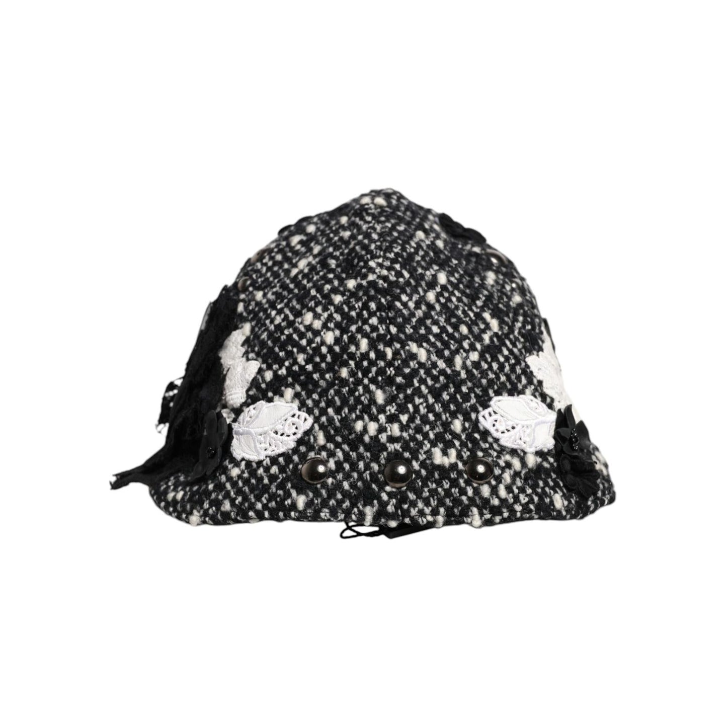 Dolce & Gabbana Black Wool White Floral Embellished Cloche Hat Dolce & Gabbana
