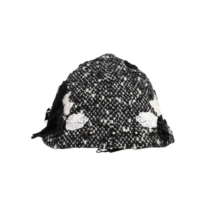 Dolce & Gabbana Black Wool White Floral Embellished Cloche Hat Dolce & Gabbana