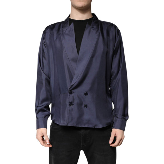 Dolce & Gabbana Dark Blue Silk Double Breasted Shirt TSH90176-37