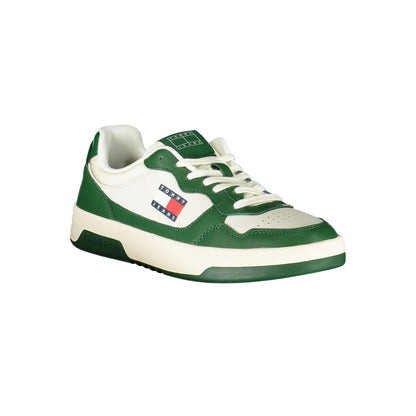 Tommy Hilfiger White Leather Men Sneaker with green accents, featuring iconic logo and removable insole for comfort and style.