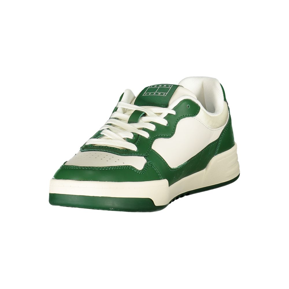 Tommy Hilfiger White Leather Men Sneaker with green accents, showcasing style and comfort.