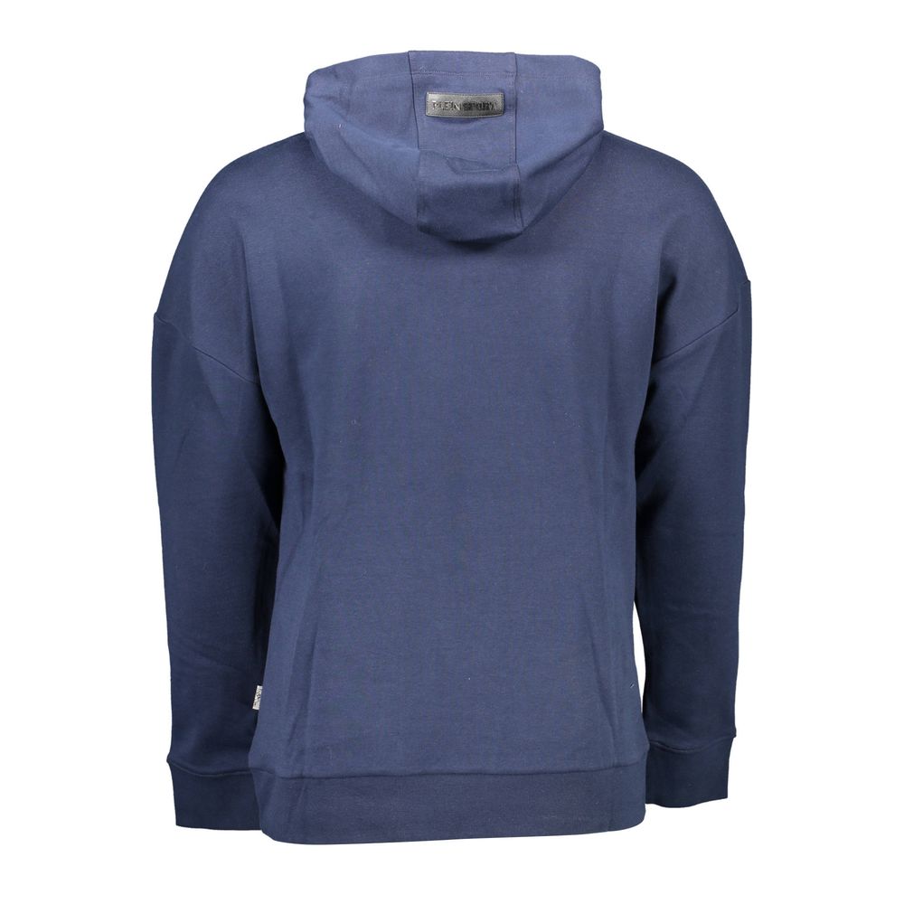 Plein Sport Blue Cotton Men Sweater with hood and logo detailing, back view for premium sportswear collection.