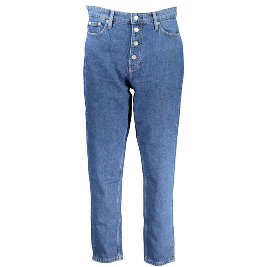 Calvin Klein Blue Cotton Women Jeans showcasing five pockets, button details, and a vintage '90s mom jeans style.