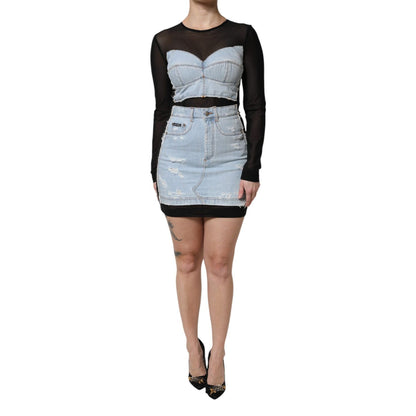 Dolce & Gabbana Black Blue Long Sleeves Denim Mini Dress