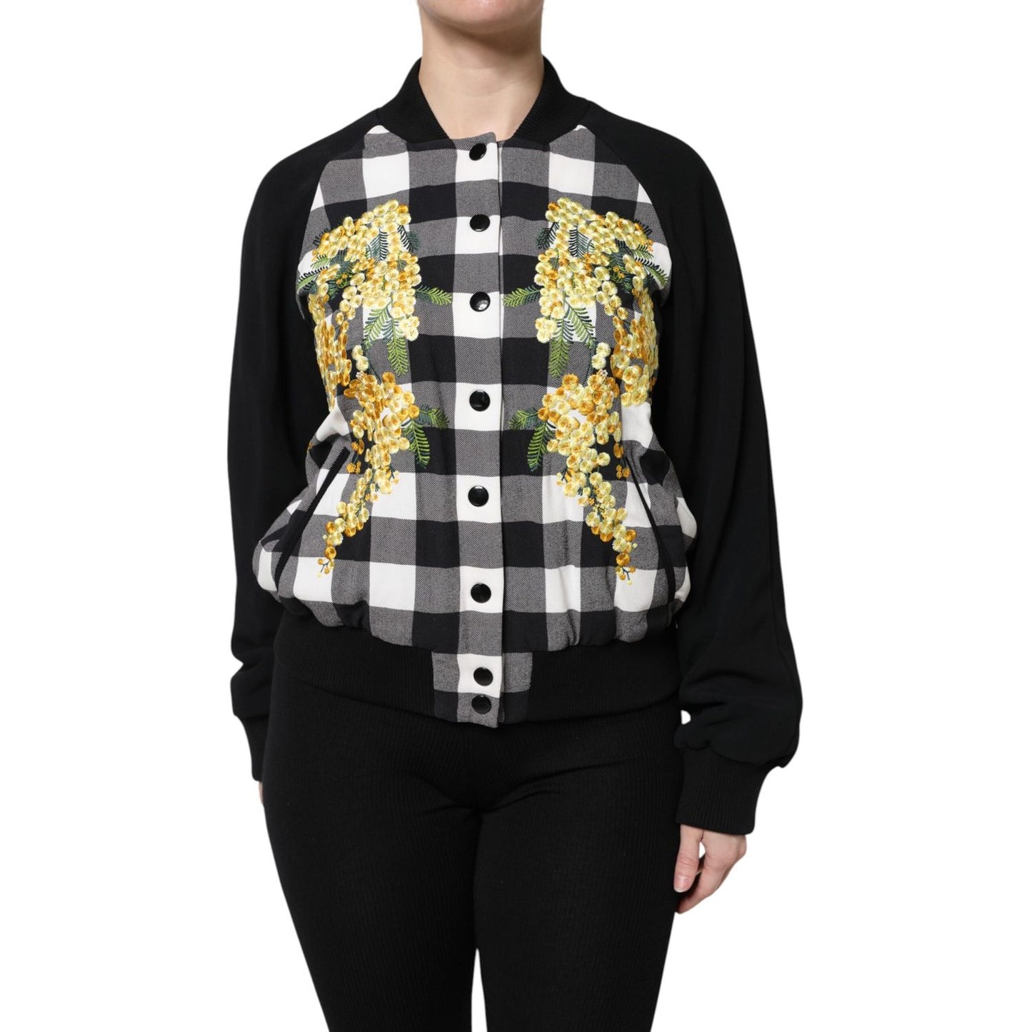 Dolce & Gabbana Black White Check Floral Button Down Jacket Dolce & Gabbana
