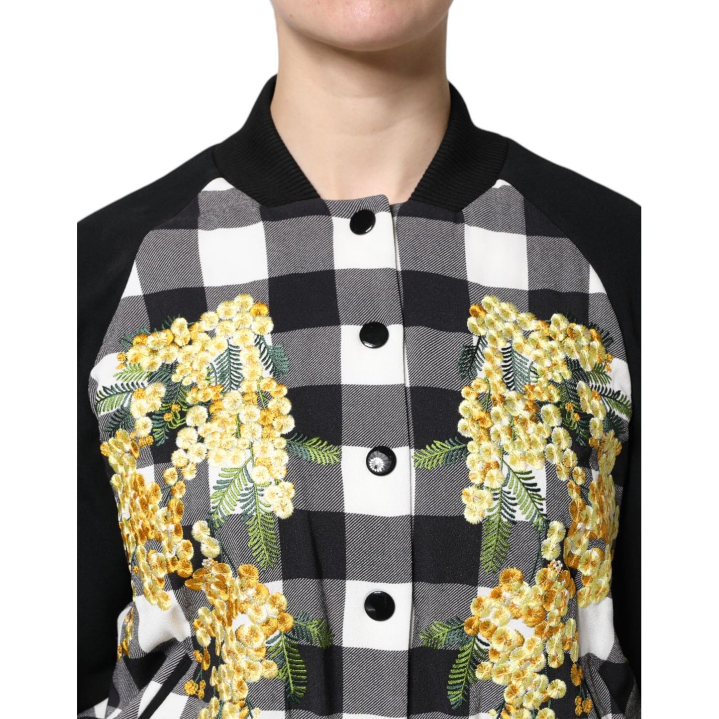 Dolce & Gabbana Black White Check Floral Button Down Jacket Dolce & Gabbana