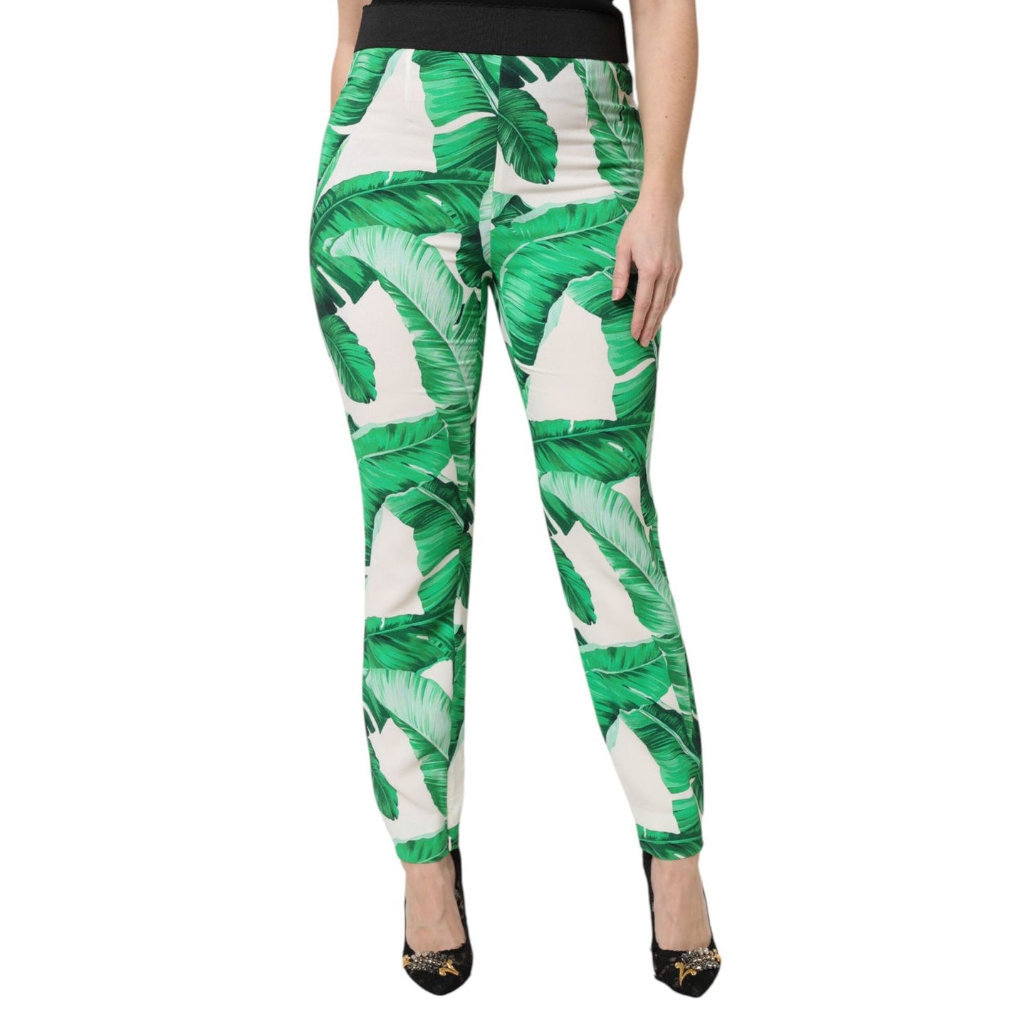 Dolce & Gabbana White Green Leaf High Waist Pants Dolce & Gabbana