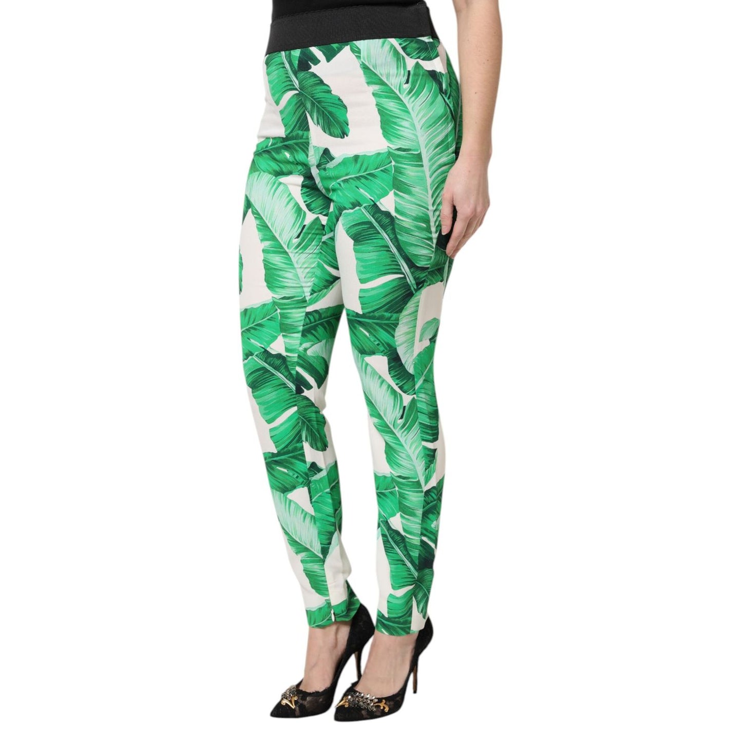 Dolce & Gabbana White Green Leaf High Waist Pants Dolce & Gabbana