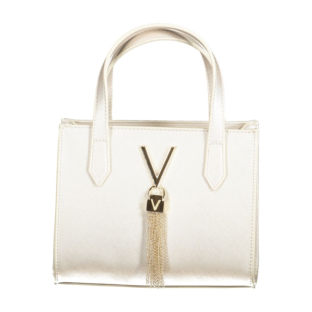 Elegant white handbag with gold tassel accent and dual handles.
