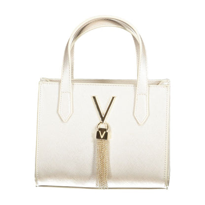 Elegant white handbag with gold tassel accent and dual handles.
