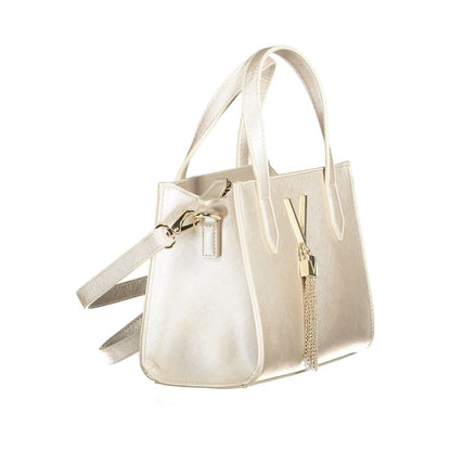 Stylish beige handbag with dual handles and gold accent tassel