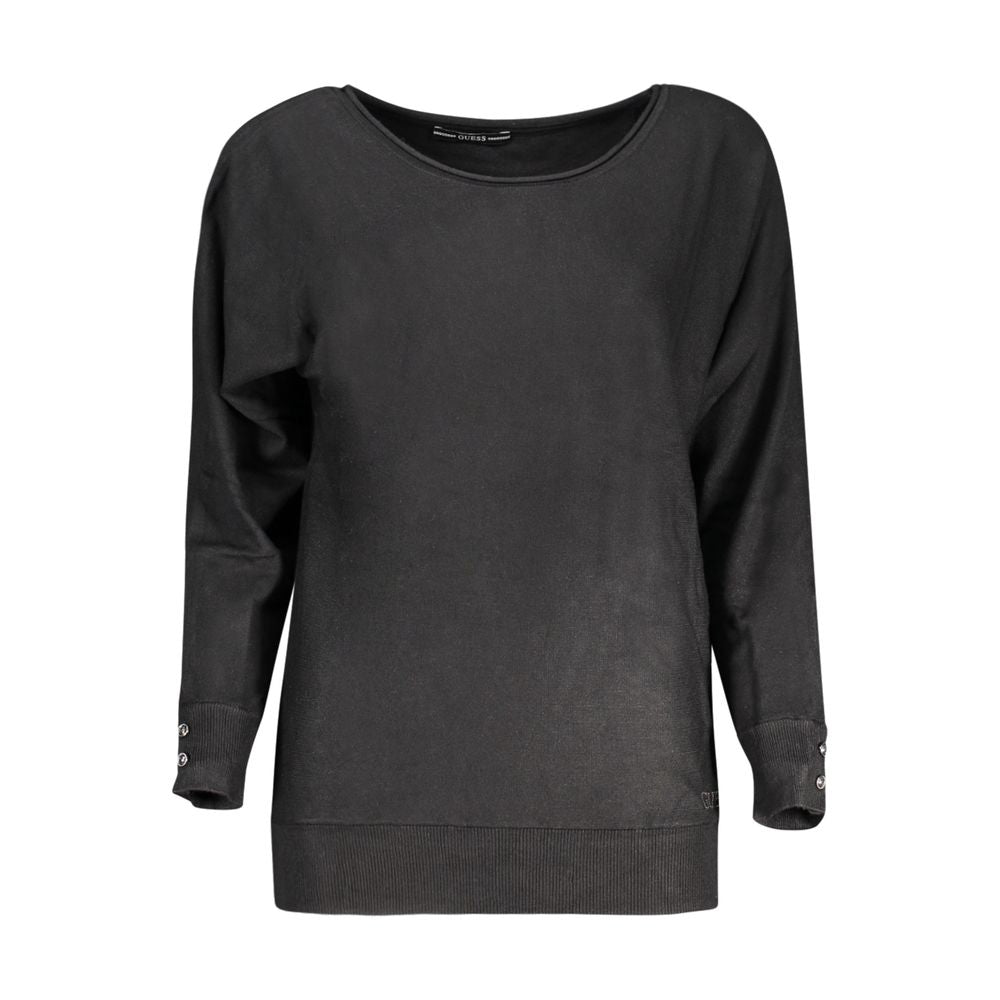 Guess Jeans Black Viscose Sweater with long sleeves, wide neckline, and logo embroidery