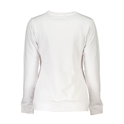 Back view of Cavalli Class White Cotton Women Sweater showing long sleeves and brushed fabric for casual luxury.