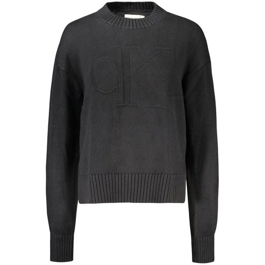 Calvin Klein Black Cotton Women Sweater with elegant embroidery logo, long sleeves, high neck, premium blend of cotton and wool.