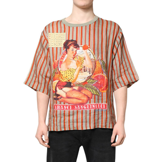 Dolce & Gabbana Multicolor Striped Graphic Linen Round Neck T-shirt TSH87764-52