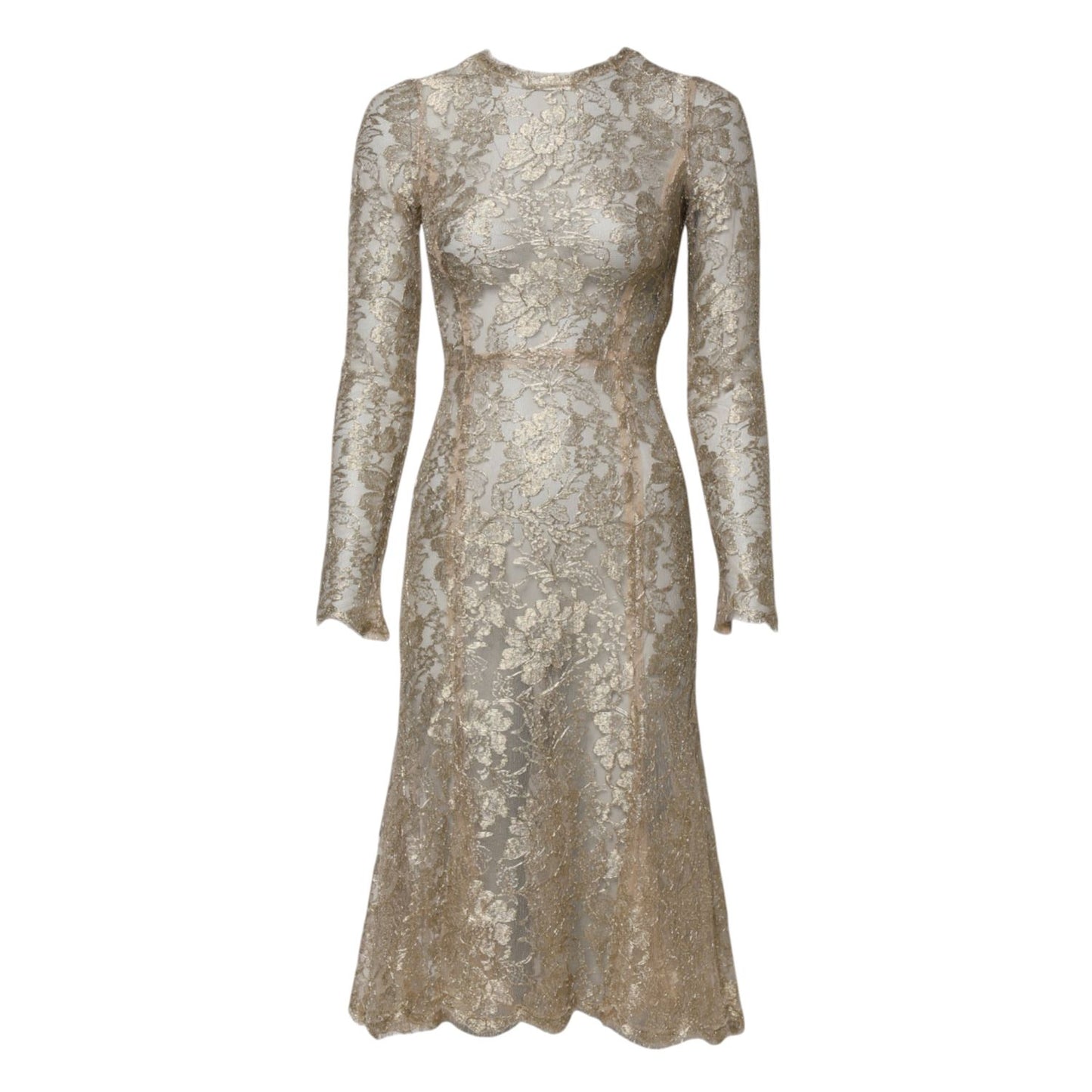 Dolce & Gabbana Gold Floral Lace Long Sleeves Fit & Flare Dress