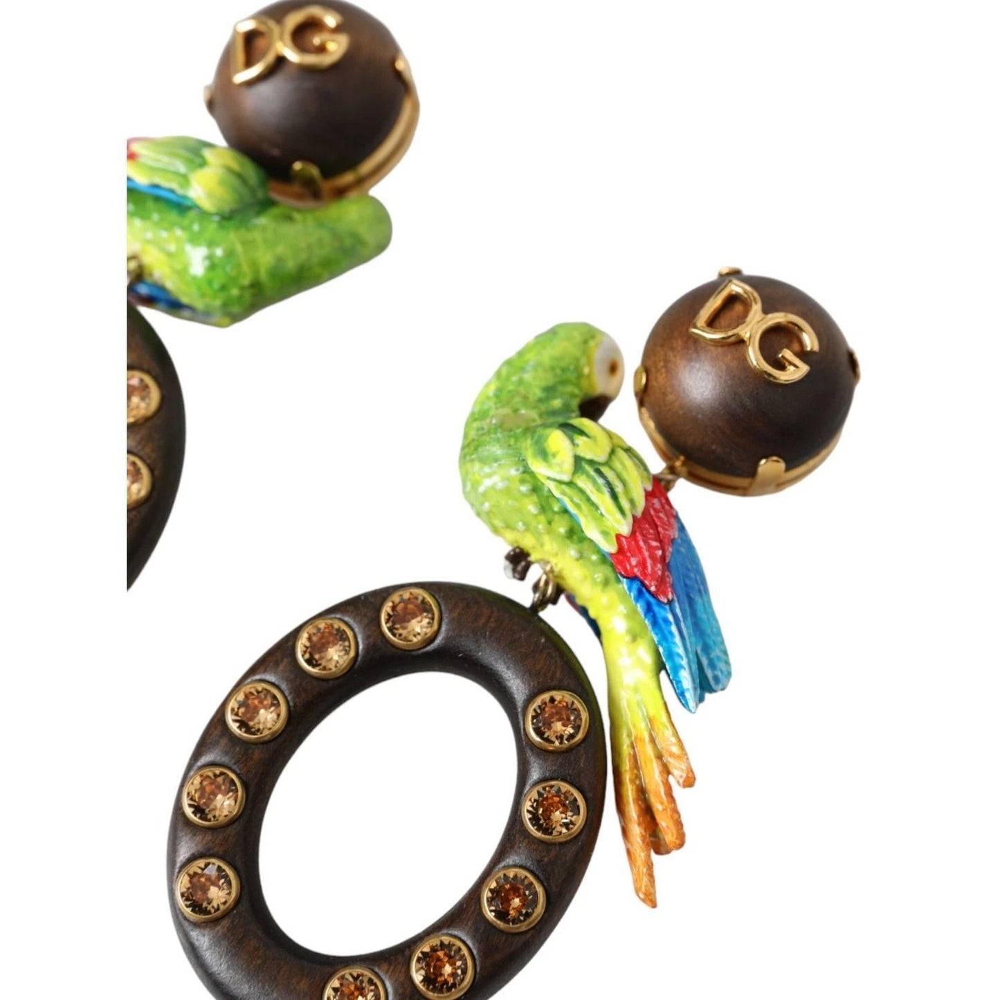 Dolce & Gabbana Multicolor Parrot Wood Brass Crystal Embellished Earrings