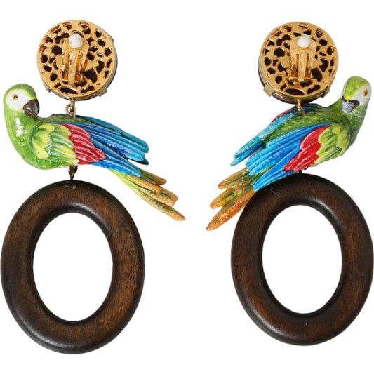 Dolce & Gabbana Multicolor Parrot Wood Brass Crystal Embellished Earrings SMY101253