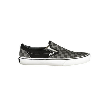 Vans Black Polyester Men Sneaker with checked design and logo on slip-on style, side view on white background.