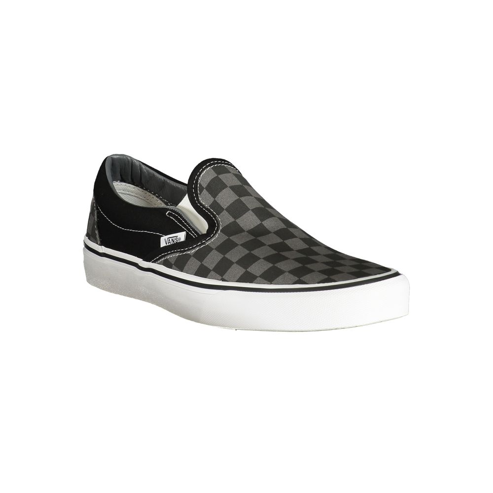 Vans Black Polyester Men Sneaker with classic slip-on design featuring a black and checked pattern for urban style and comfort.
