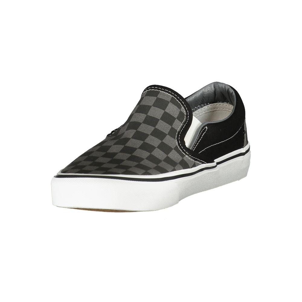 Vans Black Polyester Men Sneaker with a classic slip-on design in black and grey checkered pattern, showcasing urban style and comfort.