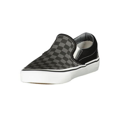 Vans Black Polyester Men Sneaker with a classic slip-on design in black and grey checkered pattern, showcasing urban style and comfort.