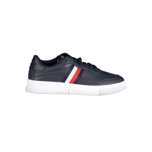 Tommy Hilfiger Blue Leather Men Sneaker with contrasting details and iconic embroidery logo, offering style and durability.