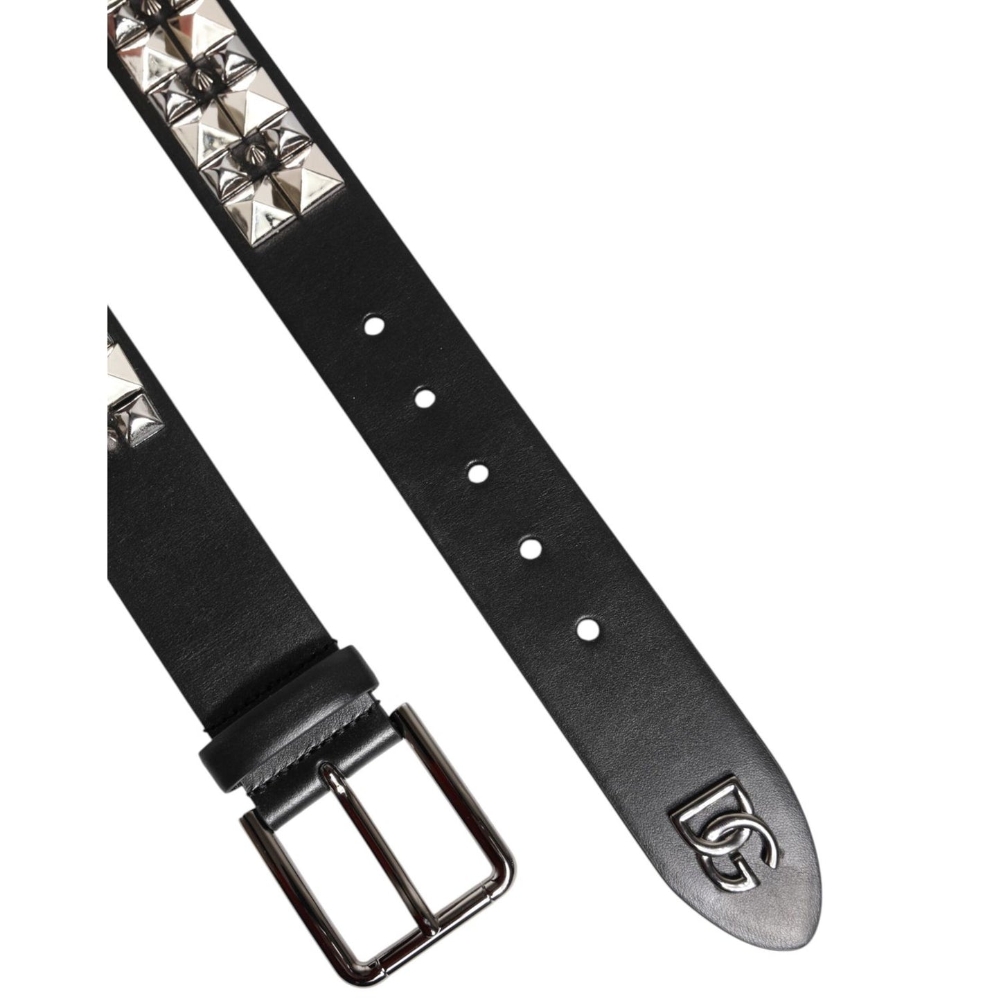 Dolce & Gabbana Black Calf Leather Studded Silver Buckle Belt