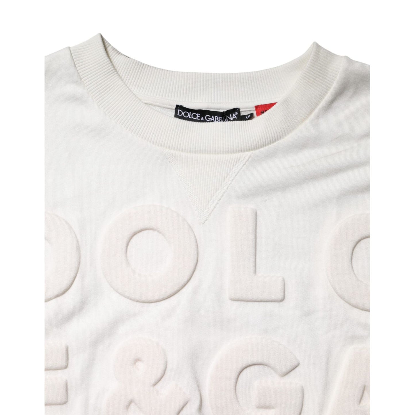 Dolce & Gabbana White Embossed Logo Cotton Crew Neck Sweater