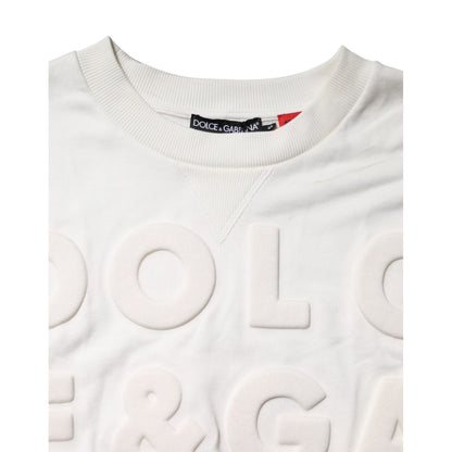 Dolce & Gabbana White Embossed Logo Cotton Crew Neck Sweater